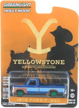 GREEN44980-E_VERT - FORD F-250 1978 Bleu avec jantes vertes de la série TV YELLOWSTONE sous blister