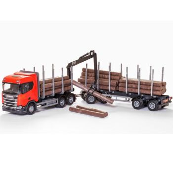 EMEK70605 - SCANIA R450 6x4 rouge avec dolly et remorque 2 essieux transport de bois