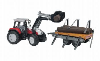 BRU2088 - STEYR CVT avec chargeur et remorque 2 essieux rondins Ech:1/16