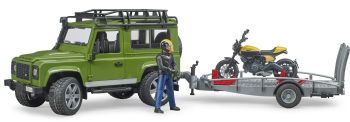 BRU2589 - LAND ROVER Defender avec plateau, Moto DUCATI Scrambler et Motard