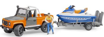 BRU2599 - LAND ROVER Defender avec remorque et jet ski personnage inclus