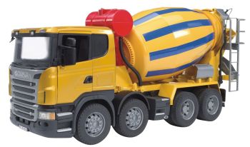 BRU3554 - SCANIA 8x4 toupie à rayure jaune et bleu Ech:1/16