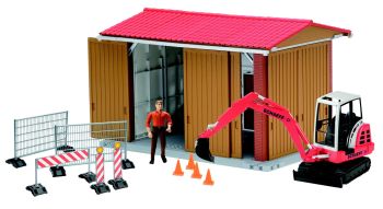 BRU62020 - Hangar avec minipelle SCHAEFF HR16 avec personnage et signalisation Ech:1/16