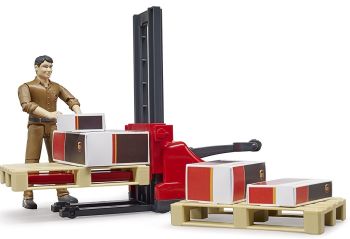 BRU62210 - Personnage UPS avec transpalette gerbeur palettes et colis fournis