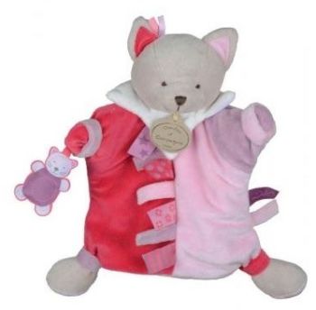 DC2349 - Doudou marionnette chat étiquettes Rose 25 cm