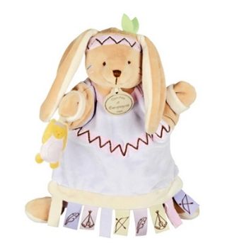 DC2350 - Marionnette lapin étiquettes Bleu et beige 25 cm