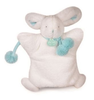 DC2742BVERT - Marionnette Lapin Pompon Blanc et Vert 25 cm