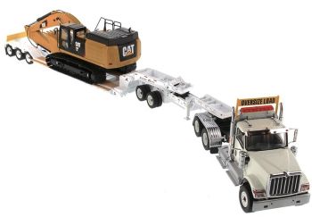 DCM85600 - INTERNATIONAL HX520 6x4 blanc et remorque porte engins XL120 avec pelle CATERPILLAR 349F incluse