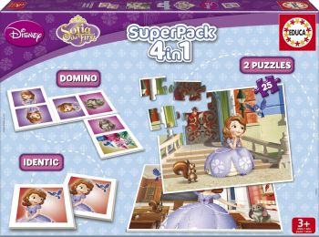 EDU16032 - Pack 4 en 1 jeu de domino , Memo et 2 Puzzles 25 Pièces 32 x 24 cm PRINCESSE SOFIA