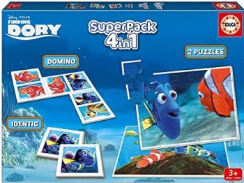 EDU16691 - Pack 4 en 1 jeu de domino, Memo et 2 Puzzles 25 Pièces 32 x 24 cm LE MONDE DE DORY