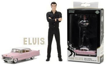 CADILLAC Fleetwood 1955 Series 60 rose d'Elvis Presley ech 1/64 avec la figurine d'Elvis ech 1/18 hauteur personnage 11 cm