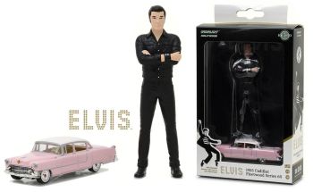 GREEN29898 - CADILLAC Fleetwood 1955 Series 60 rose d'Elvis Presley ech 1/64 avec la figurine d'Elvis ech 1/18 hauteur personnage 11 cm