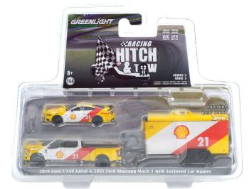 GREEN31110-B - FORD F-350 Lariat double cabine pick-up 2019 SHELL avec remorque porte voiture et FORD Mustang Mach1 2021 #21 SHELL Série Racing Hitch vendu sous blister