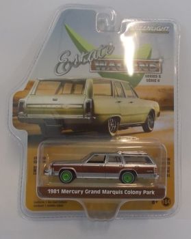 GREEN36010-EVERT - MERCURY Grand Marquis Colony Park break 1981 marron et grise jantes vertes série Estate Wagons version Green Metal vendue sous blister