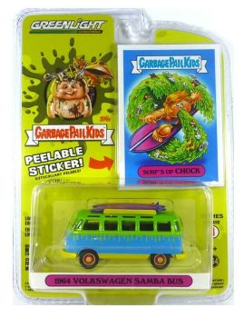 GREEN54050-B - VOLKSWAGEN Samba Bus 1964 vert et bleu avec planches de surfs série Garbage Pail kids vendu sous blister