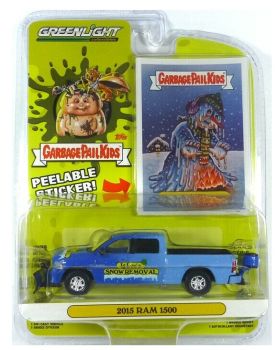 GREEN54050-E - DODGE Ram 1500 2015 pick-up double cabine bleu Snow Removal avec lame de déneigement série Garbage Pail kids vendu sous blister