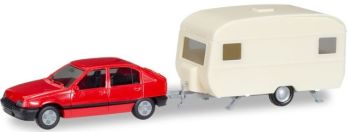 HER013420 - OPEL Kadett E rouge avec caravane en kit à assembler