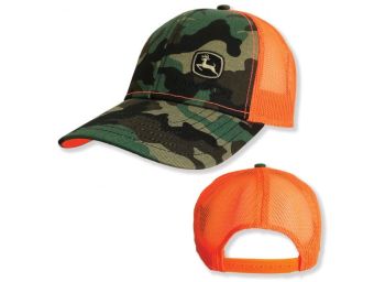 MC13080880CA - Casquette avec arrière en filet de marque commerciale JOHN DEERE motif camouflage et orange