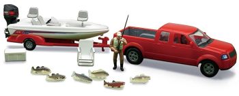 NEW37135A - Pick-up rouge avec remorque porte bateau personnage et accessoires