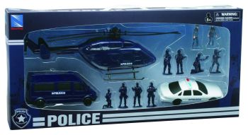 NEW63345 - Coffret de police avec hélicoptère voitures et personnages échelle aléatoire