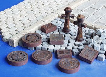 PLS143 - 4 plaques d'égout 2 grilles d'évacuation d'eau 2 regards et 2 bouches incendies miniatures à assembler et à peindre pavés non fournis