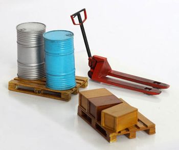 PLS345 - Transpalette miniature avec 2 bidons 3 caisses et 2 palettes à assembler et à peindre