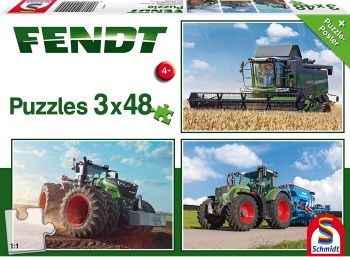3 Puzzles - 48 Pièces - Moissonneuse 6275A FENDT, Tracteur FENDT, FENDT 724 Vario avec Combiné Solitaire 9 - 26 x 17 cm