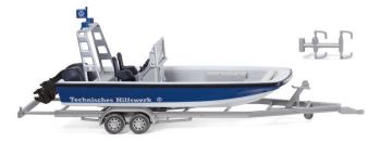 WIK009546 - Bateau d'intervention rapide MZB 72 Lehmar de la THW avec remorque de transport 2 essieux