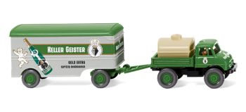 WIK037106 - MERCEDES UNIMOG U406 4x2 avec plateau chargé d'une cuve et sa remorque caisse rigide 2 essieux Keller Geister